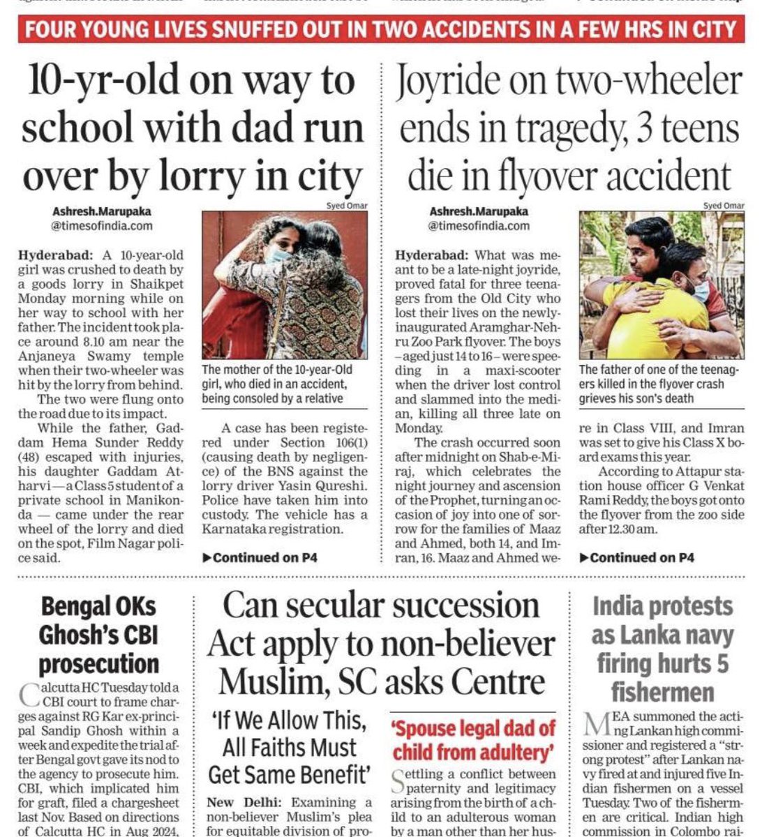 SyedToi's tweet photo. Family including the mother mourn the death of a 10-year-Old girl who died in a gruesome accident involving a truck in Shaikpet. https://t.co/pSgvZbg4nt