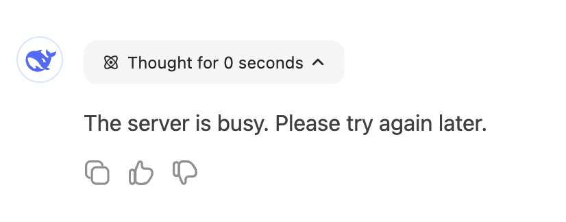 This is what I get when I ask #DeepSeekR1 I never had this issue with #ChatGPT #DeepSeekR1 might be cheaper but less reliable.