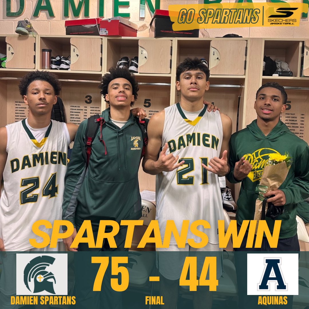 🏆SPARTANS WIN🏆

Damien 75
Aquinas 44

Leading Scorers:
'26 Eli Garner 28pts
'25 Lucas Arrieta 12pts
'25 Jacob Allen 10pts
'27 Zaire Rasshan 10pts

The Spartans win the final regular season game of the year before the league tournament! Begins TOMORROW vs Upland at Home @ 6:30!