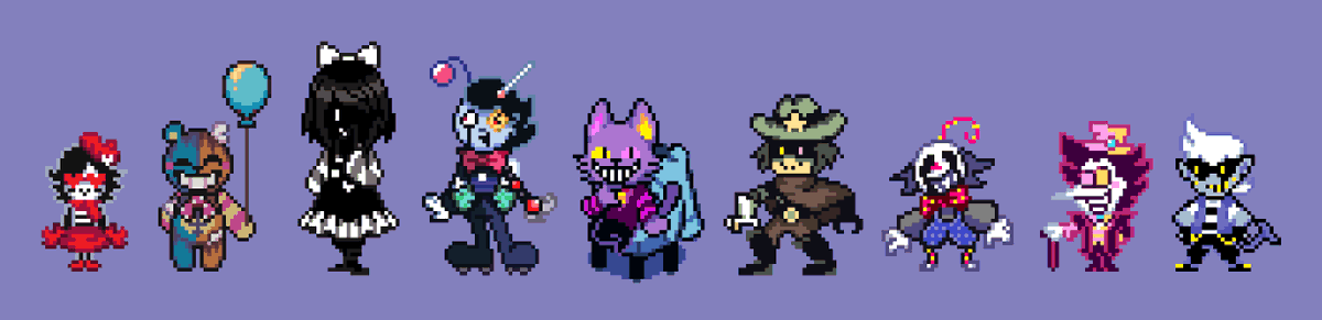 NekoTape912's tweet photo. Mirrette, Bernie, Keyara, Scrimella, Cat Mike, Neko Timber, Clownellio, Neko Scampton, Neko Junkil #Deltarune #TobyFox https://t.co/p37vKqRGBP
