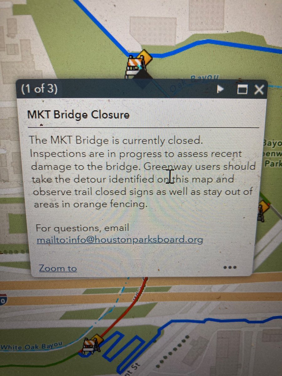 gratifihouston's tweet photo. Bad news friends. The MKT Bridge is closed again. Appears the recent heavy rain washed out some of the supports.  Thank you to @emmanume and @cfparma16 for confirming. Let's give @houparksboard time to investigate and share updates. https://t.co/F1f8ZKOtX0