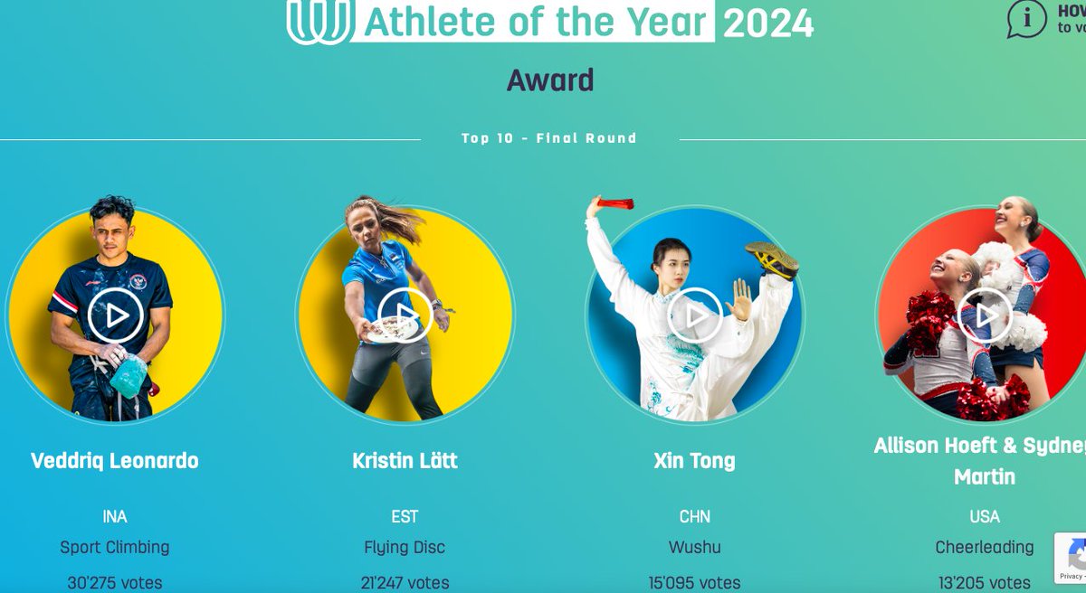 Kawan2 netizen yang budiman dan berbahagia, mari bersama2 kita jadikan speed climber terbaik Indonesia dan peraih emas Olimpiade Paris 2024 Veddriq Leonardo sebagai World Games Athlete of the Year 2024. 

Caranya: 
1. Masuk ke websitenya: theworldgames.org/awards/Athlete…
2. Pilih Veddriq