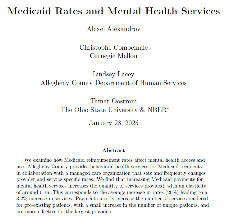 ** New research release ** 
How do Medicaid reimbursement rates affect mental health access? New paper from colleagues/collaborators <a href="/TamarOostrom/">Tamar Oostrom</a>, Alexei Alexandrov, Christophe Combemale, &amp; <a href="/lindseybuck95/">Lindsey Lacey</a> digs into the data from Allegheny County.
