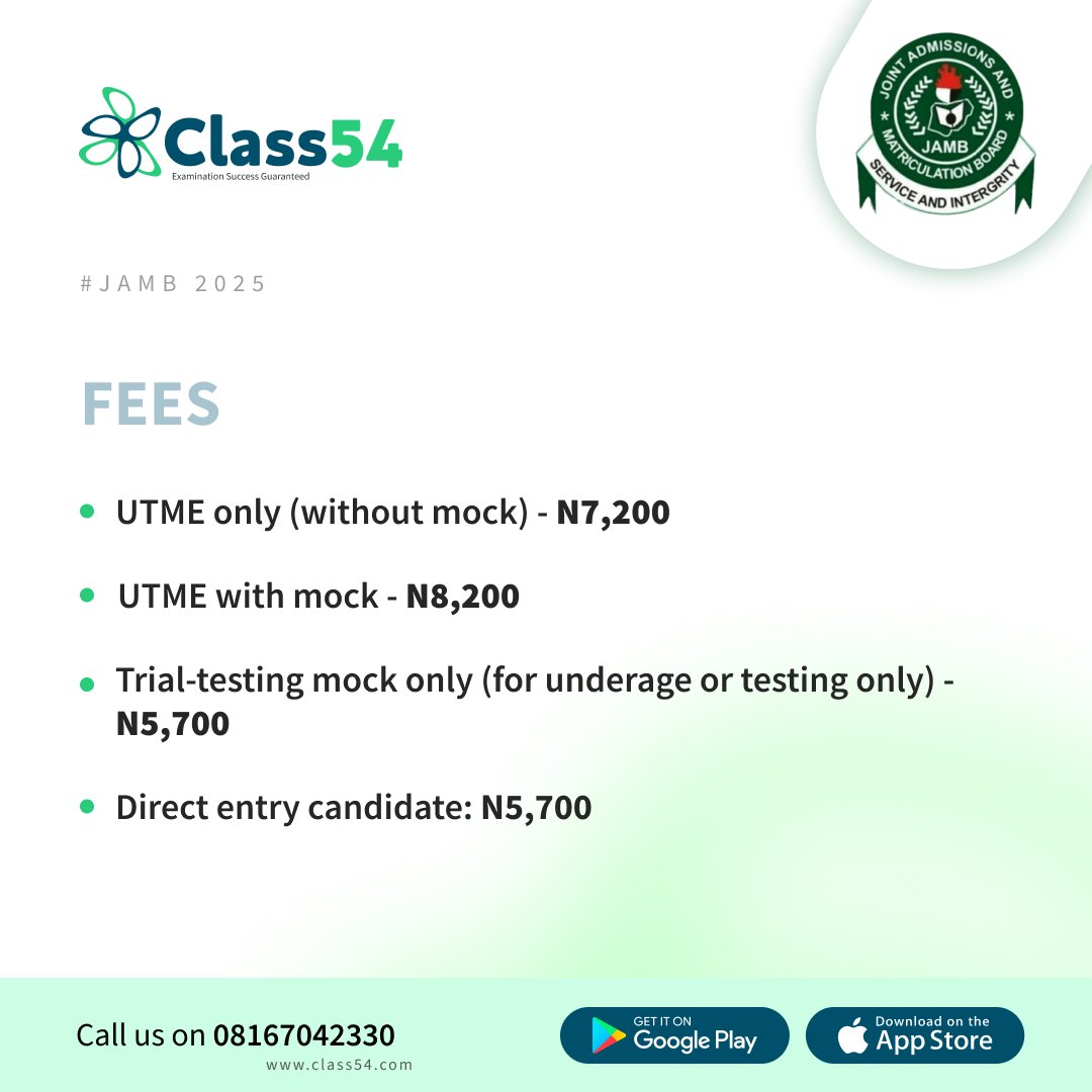 Class54Edu's tweet image. 🚨 It's Official! The 2025 JAMB UTME Registration Kicks Off on Friday, 31st January 2025!

📅 Key Dates to Remember:

UTME Exam Date: April 25 - May 5, 2025
Form Sale Period: January 31 - March 5, 2025
Mock Exam Date: April 5, 2025

#jamb #jamb2025 #class54 #utme #utme2025