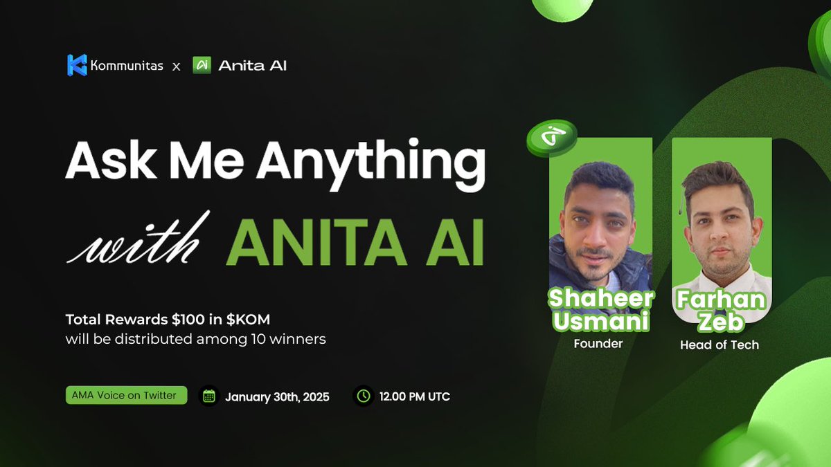 kommunitasnet's tweet photo. Kommunitas x Anita AI AMA Session

Join us for an exciting AMA with @itsanita_ai!

Featuring:
🔹 Shaheer Usmani – Founder
🔹 Farhan Zeb – Head of Tech

🗓 Date: January 30, 2025
⏰ Time: 12:00 PM UTC
📍 Where: https://t.co/0mUabxMWS1

💰 Total Rewards: $100 in $KOM for 10 lucky winners!

Set your reminders now!