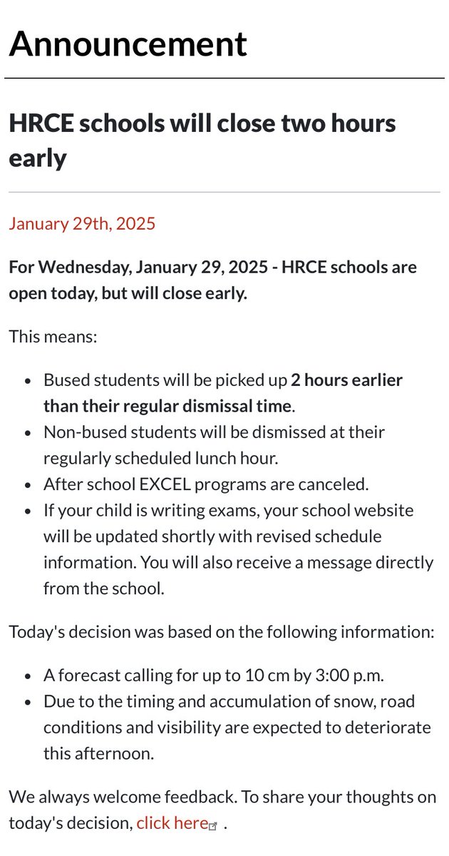 Please note — January 29/25. Early dismissal