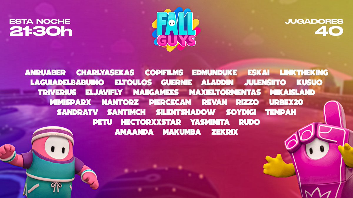🩵🩷
¡Hoy tenemos quedada de FALL GUYS!

📢 Nos vemos esta noche con otros creadores de contenido, mods y viewers de varios canales para pasar un ratito guay, fresco y divertido. 

21:30h 🇪🇸