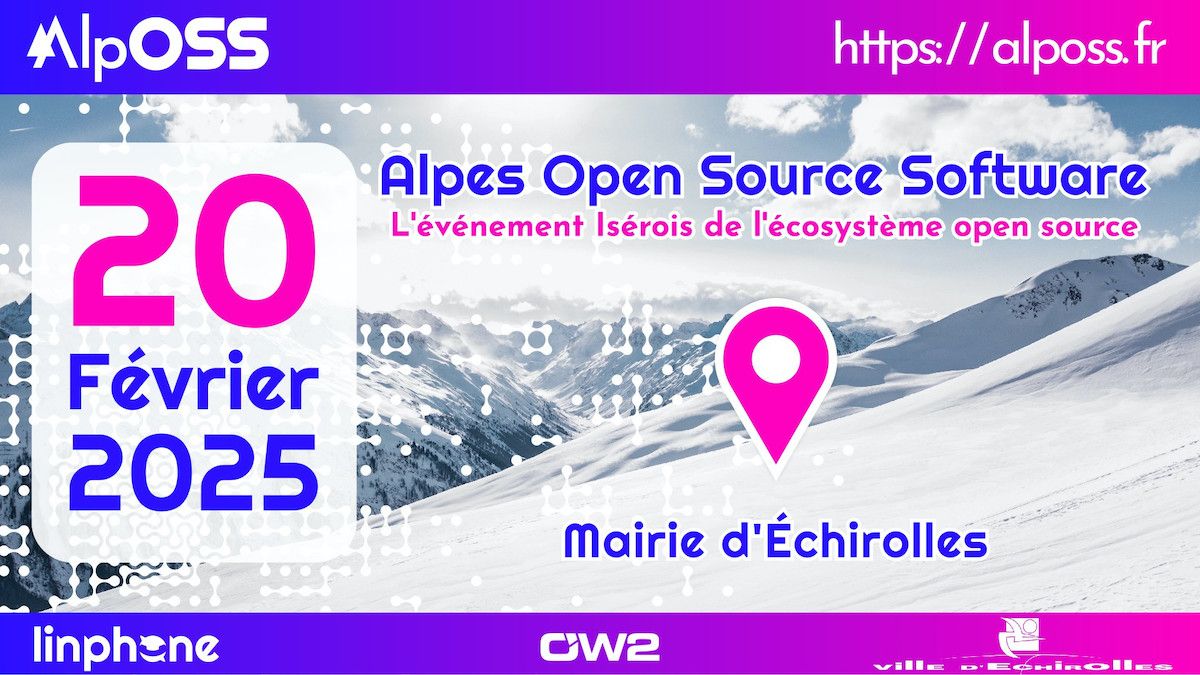 ADULLACT (@adullact) on Twitter photo ⏳ J-15 avant AlpOSS 2025 : L'événement open source à ne pas manquer !🌟
Infos: adullact.org/agenda/163-alp…
<a href="/Echirolles38/">Ville d'Echirolles</a> | <a href="/ow2/">OW2 → https://fosstodon.org/@ow2</a> | <a href="/Linphone1/">Linphone</a>
#AlpOSS2025 #OpenSource #Adullact #Événement #LogicielLibre ⏳ J-15 avant AlpOSS 2025 : L'événement open source à ne pas manquer !🌟
Infos: adullact.org/agenda/163-alp…
<a href="/Echirolles38/">Ville d'Echirolles</a> | <a href="/ow2/">OW2 → https://fosstodon.org/@ow2</a> | <a href="/Linphone1/">Linphone</a>
#AlpOSS2025 #OpenSource #Adullact #Événement #LogicielLibre