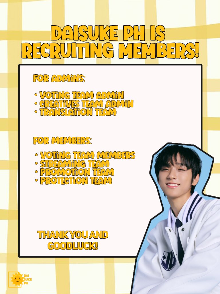 MABUHAY 🌞

DAISUKE PH is looking for a very demure, very mindful and very cutesy admins &amp; members 😁

🔗: forms.gle/u98xVoCGt29t4o…

(zali na kayue guys, im sue lonely hir pue 😓😓😓)

Thank you!! 😀🌞

#AHOF #아홉 
#DAISUKE #다이스케 #大輔