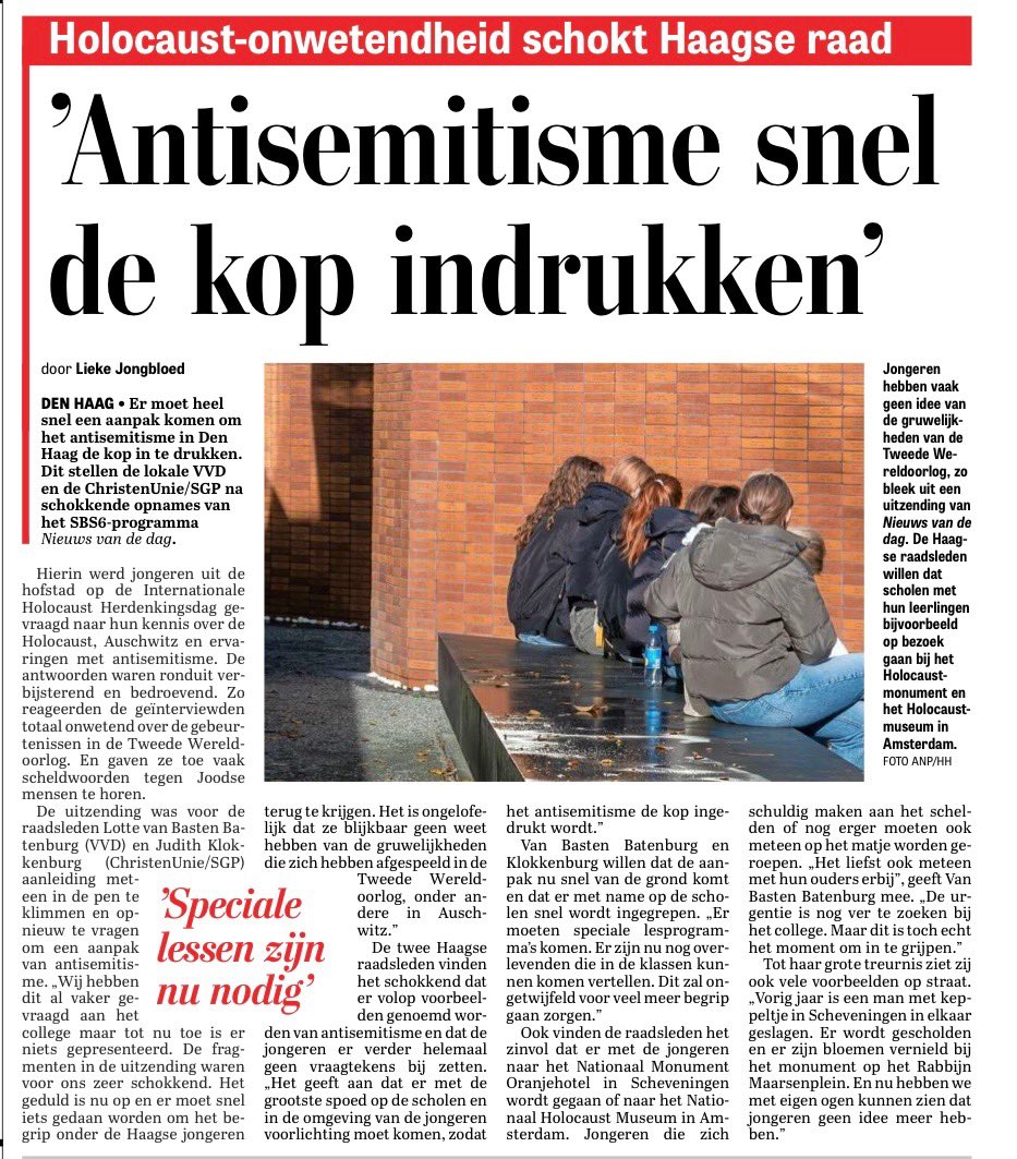 Vandaag in de <a href="/telegraaf/">De Telegraaf</a> met <a href="/laevbb/">Lotte van Basten Batenburg</a> : we moeten antisemitisme de kop indrukken. We vragen al jaren om een aanpak, die is (helaas) hard en heel snel nodig!