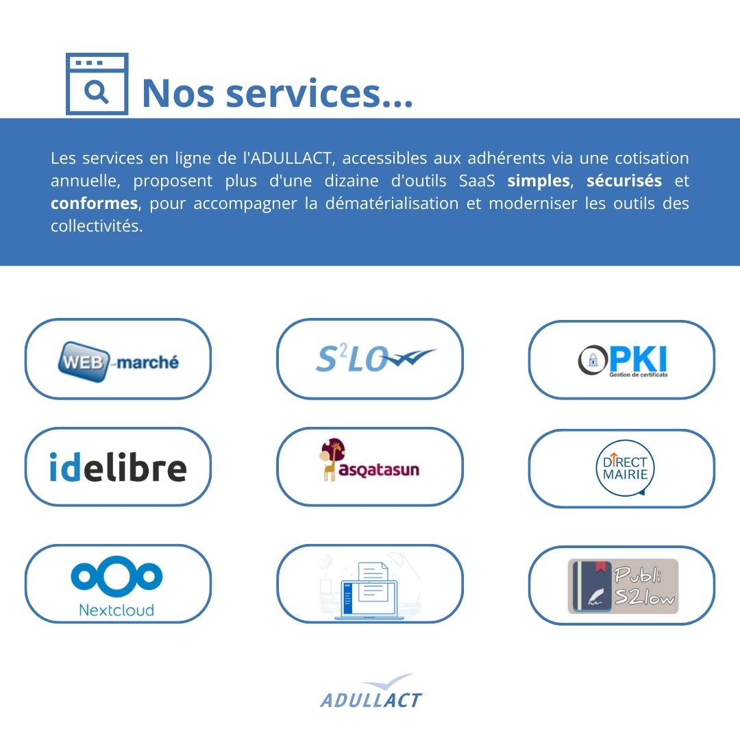 ✨ Modernisez vos outils avec les services en ligne de l’#ADULLACT !

+10 solutions SaaS pour les collectivités :
✅ Simples
✅ Sécurisées
✅ Conformes aux normes

💡 Accès via cotisation annuelle. Rejoignez-nous !

🔗 En savoir plus : adullact.org/services-web #LogicielLibre