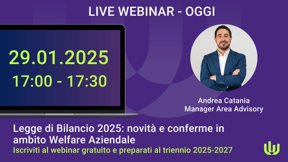 𝗢𝗴𝗴𝗶 𝗮𝗹𝗹𝗲 𝟭𝟳:𝟬𝟬 approfondiremo insieme le novità e conferme della #LeggeDiBilancio2025 in ambito #WelfareAziendale.
 
👉 Affrettati, sei ancora in tempo per iscriverti! bit.ly/42DCAYp