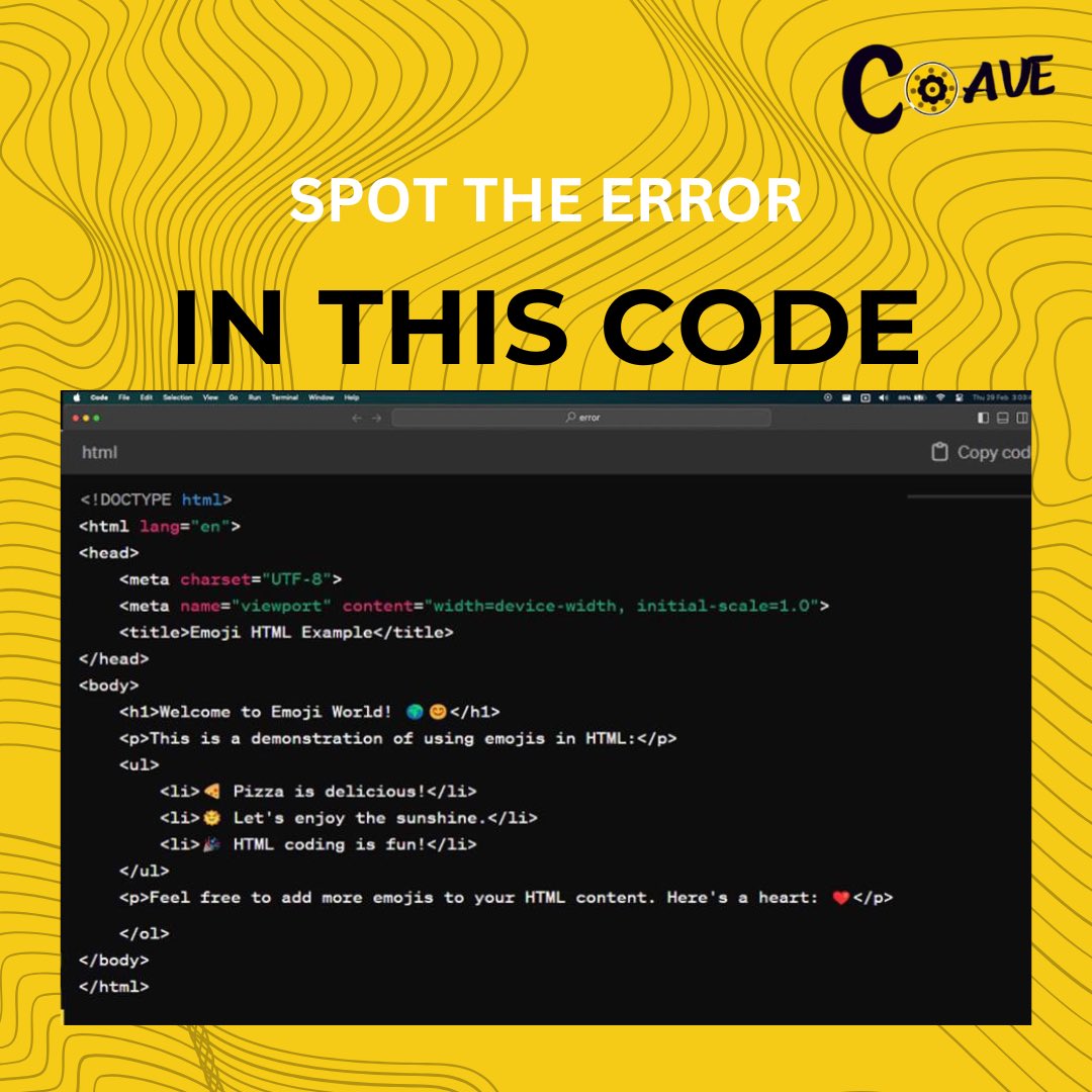 CoaveTech's tweet photo. Hi tech lovers!

Can you spot the error(s) in this code???
Let us know in the comment section👇🏾👇🏾👇🏾

#coave #coaveinnovations #coavetechschool #code #codeerrors #HTML https://t.co/RB5XbNVYFf