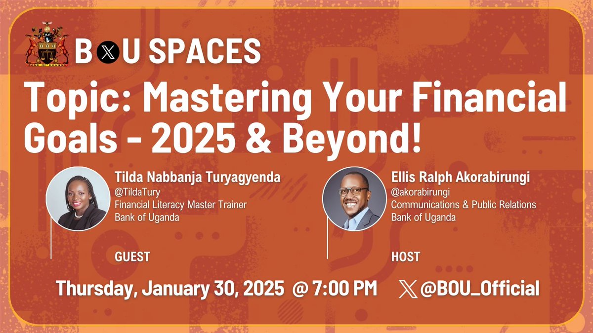 2025 is the year of financial empowerment! You asked for it, and we’re delivering—join us for an exclusive X Space on Mastering Your Financial Goals - 2025 &amp; Beyond!!
🎙️ Guest: Tilda Nabbanja Turyagyenda (Mrs. T) – <a href="/TildaTury/">Tilda Nabbanja T (Mrs T.)</a> - Financial Literacy Master Trainer
 📅 Date: