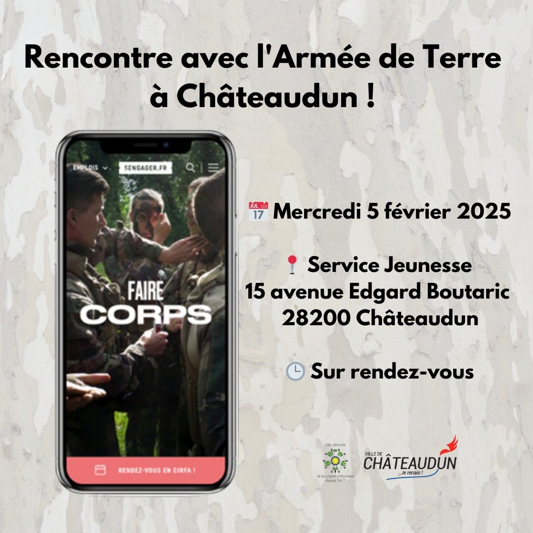 Fabien Verdier (@chateaudun2020) on Twitter photo 🪖 Rencontre avec l'Armée de Terre à Châteaudun ! 
📅 Mercredi 5 février 2025
📍 Service Jeunesse, 15 avenue Edgard Boutaric, 28200 Châteaudun
🕒 Sur rendez-vous
Un recruteur de l'Armée de Terre sera présent pour vous informer sur les nombreuses opportunités offertes :
💡 🪖 Rencontre avec l'Armée de Terre à Châteaudun ! 
📅 Mercredi 5 février 2025
📍 Service Jeunesse, 15 avenue Edgard Boutaric, 28200 Châteaudun
🕒 Sur rendez-vous
Un recruteur de l'Armée de Terre sera présent pour vous informer sur les nombreuses opportunités offertes :
💡