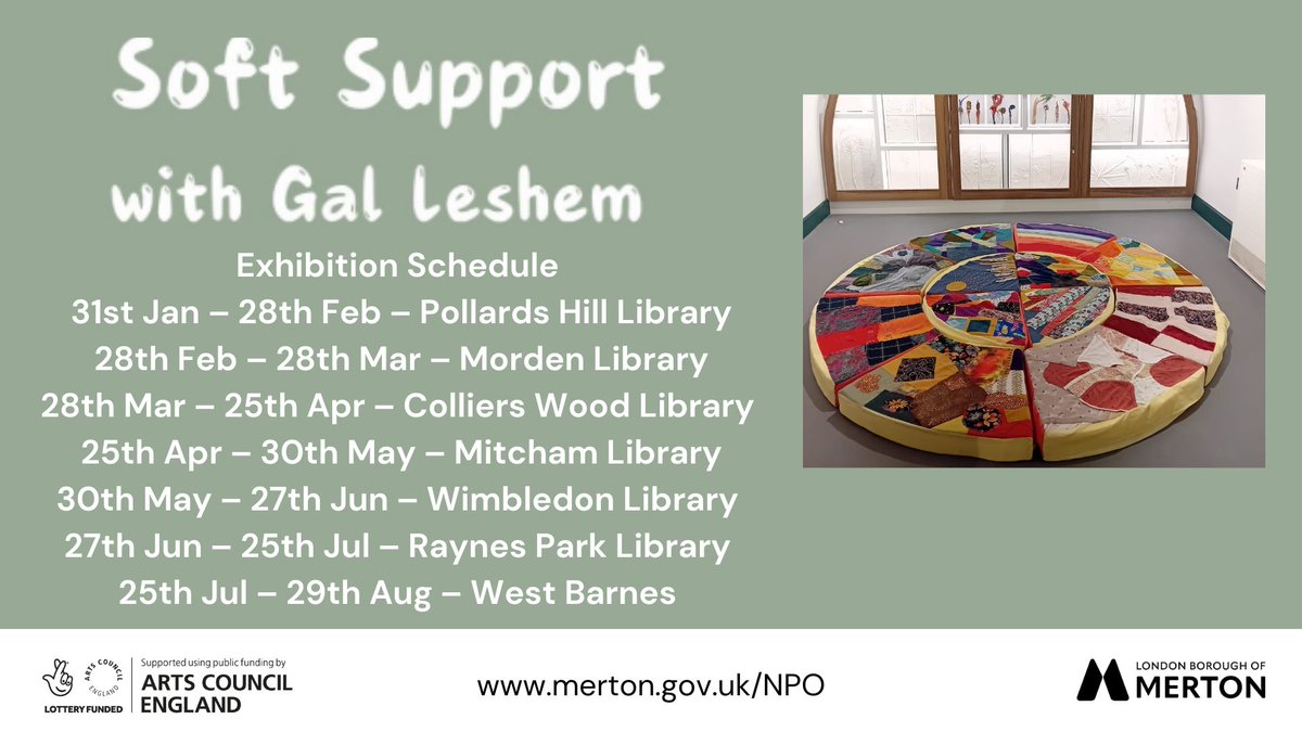 The Soft Support project consisted of a series of workshops led by artist Gal Leshem. People in a caring role were invited to meet, make and chat whilst creating a collective textile artwork. The completed work will now tour Merton Libraries.
#MertonLibraries