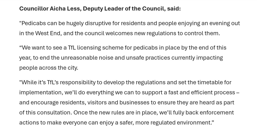 We're encouraging Westminster's residents, visitors and businesses to have their say and respond to the <a href="/TfL/">TfL</a> consultation on pedicabs before 7 March. 

Our statement 👇