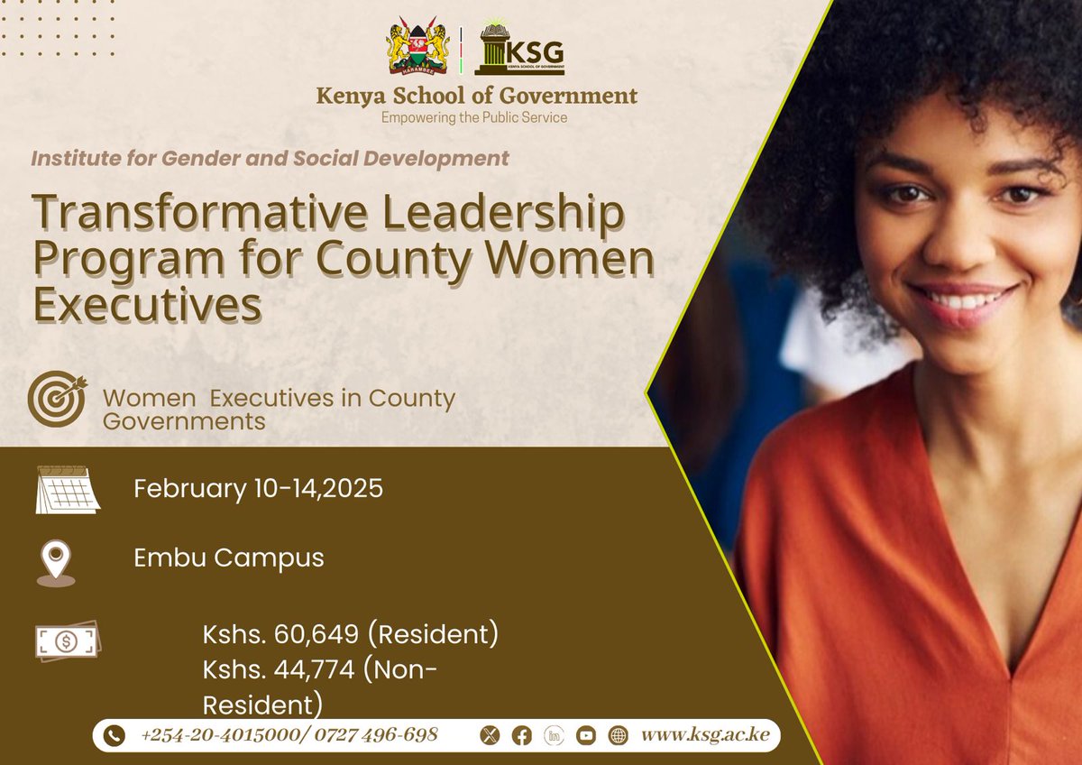 Kenya School of Govt (@ksgkenya) on Twitter photo KSG's Institute for Gender and Social Development invites you to register for Transformative Leadership Program for County Women Executives.
Email: director.mki@ksg.ac.ke / info@ksg.ac.ke
Tel: 020-4015000/ 0727-496698
Register through: ksg.ac.ke KSG's Institute for Gender and Social Development invites you to register for Transformative Leadership Program for County Women Executives.
Email: director.mki@ksg.ac.ke / info@ksg.ac.ke
Tel: 020-4015000/ 0727-496698
Register through: ksg.ac.ke