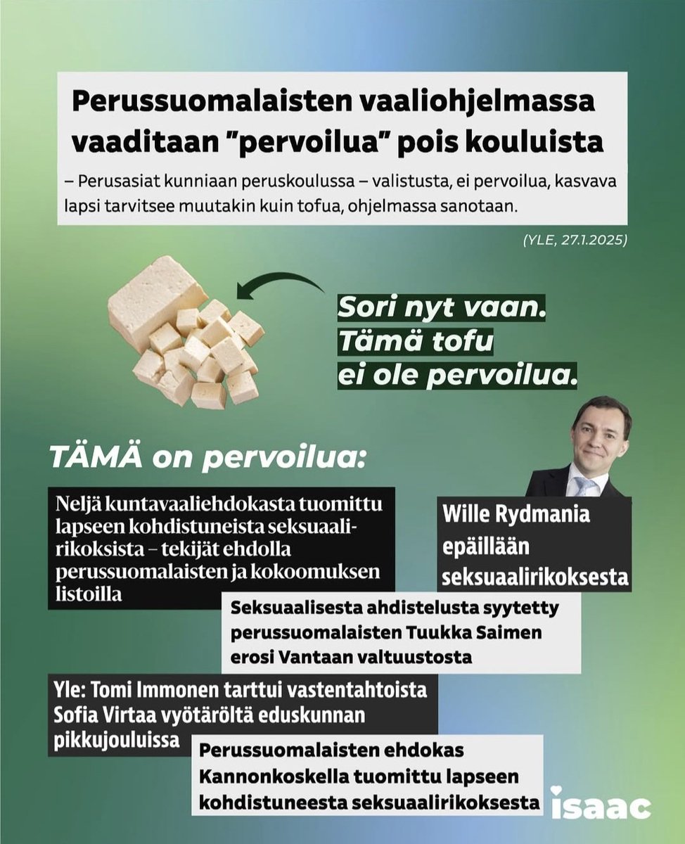 <a href="/persut/">Perussuomalaiset</a> Ehdottomasti. Persujen pervoilu on lopetettava välittömästi. Vanhemmat ovat lapsille esikuvia.
<a href="/ir_rkp/">Riikka Purra</a> ehdotus on kannatettava.