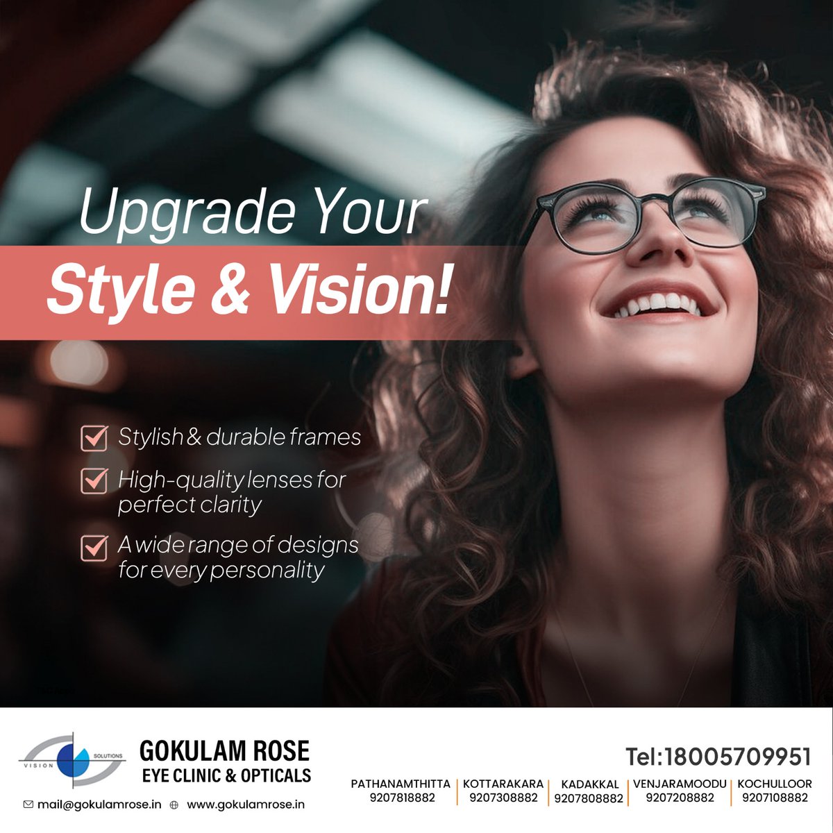 EyeGokulrose's tweet image. See the world in style! 🤩✨ Upgrade your look with stylish frames and high-quality lenses from Gokulam Rose Eye Clinic &amp;amp; Opticals. 👓💖 Find the perfect fit for your personality today! 
#StyleAndVision #GokulamRose #ClearVision