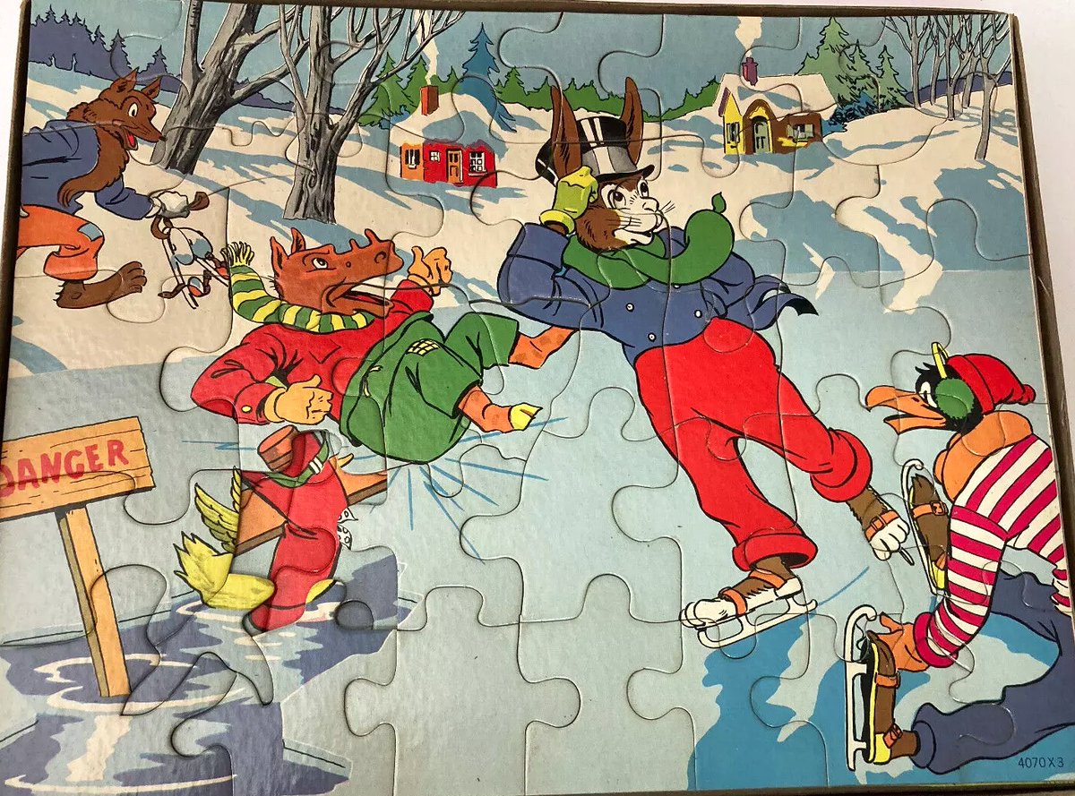 1949 Uncle Wiggily Puzzle jigsaw by Howard R. Garis. Milton Bradley. Summer fishing swimming hole and ice skating