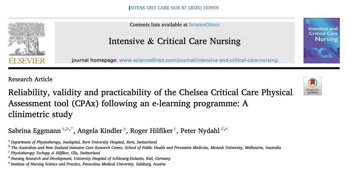 Peter Nydahl (@nydahlpeter) on Twitter photo Reliability, validity and practicability of the Chelsea Critical Care Physical Assessment tool (CPAx) following an e-learning programme: A clinimetric study
Very proud to collaborate with <a href="/SabrinaEggmann/">Sabrina Eggmann, PhD</a>
Free full text: authors.elsevier.com/sd/article/S09β¦ Reliability, validity and practicability of the Chelsea Critical Care Physical Assessment tool (CPAx) following an e-learning programme: A clinimetric study
Very proud to collaborate with <a href="/SabrinaEggmann/">Sabrina Eggmann, PhD</a>
Free full text: authors.elsevier.com/sd/article/S09β¦