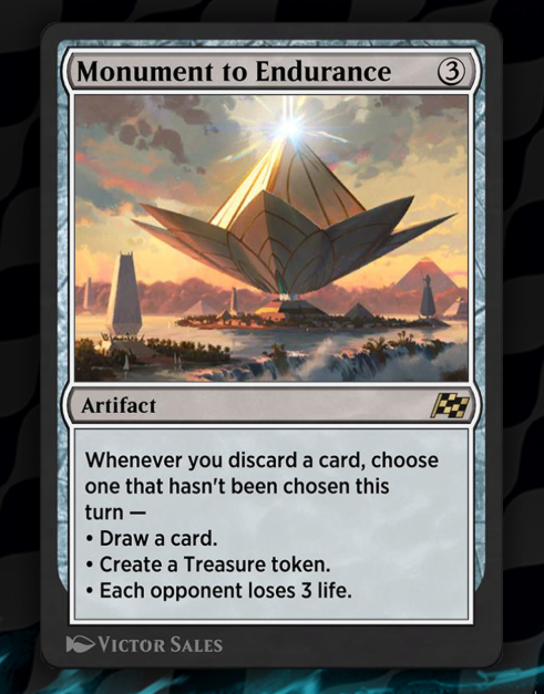 sonkerz's tweet photo. I've stopped following spoilers since very few new cards are strong enough to have an impact in a MH-metagame. But Monument to Endurance is a card that I'm intrigued by - looks great with some of my favorite Grixis toys like Psychic Frog, Ledger Shredder, Burning Inquiry etc. https://t.co/rJWKAWdQVX