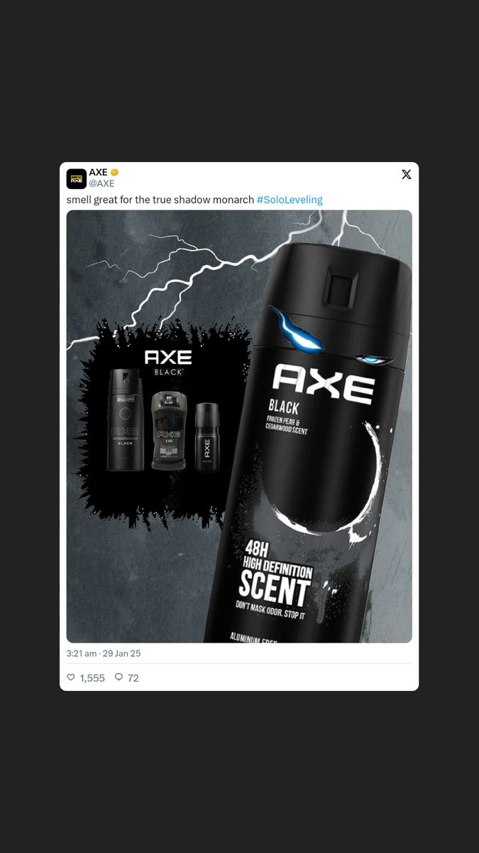 theotakujournal's tweet photo. "AXE officially references Solo Leveling in a official tweet! 🔥
Follow @theotakujournal for more anime news and updates
#animecommunity #animecommunityindia #animenews #animenewsindia #theotakujournal
#soloLeveling #axeblack #shadowmonarch https://t.co/q1pv9RQN7v