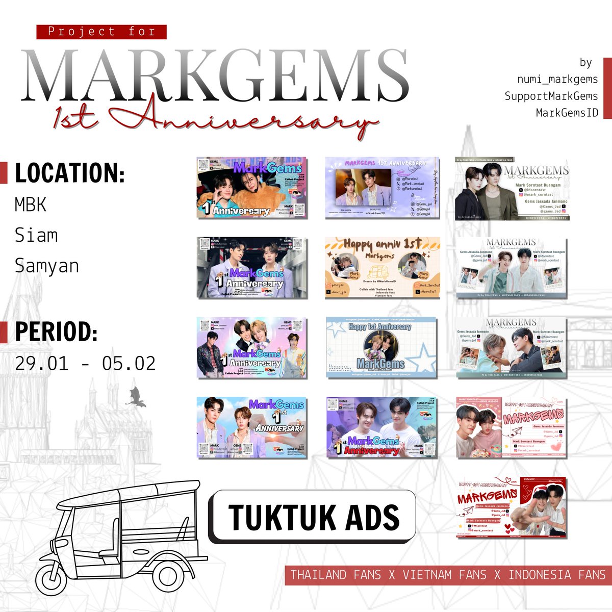 MarkGemsID's tweet photo. Hello, if you found out the banners you can take photos or video 🙌🏻

Please use this HT and Keyword 👇🏻👇🏻

#️⃣ : #MarkGems1stAnniversary
🔑: MarkGems Grow Together 

Project for : @Msorntast @Gems_Jsd

#มาร์คเจ็ม #MarkGems
#MarkIIIV #GemsLittle_ https://t.co/g6TrWaeBy3