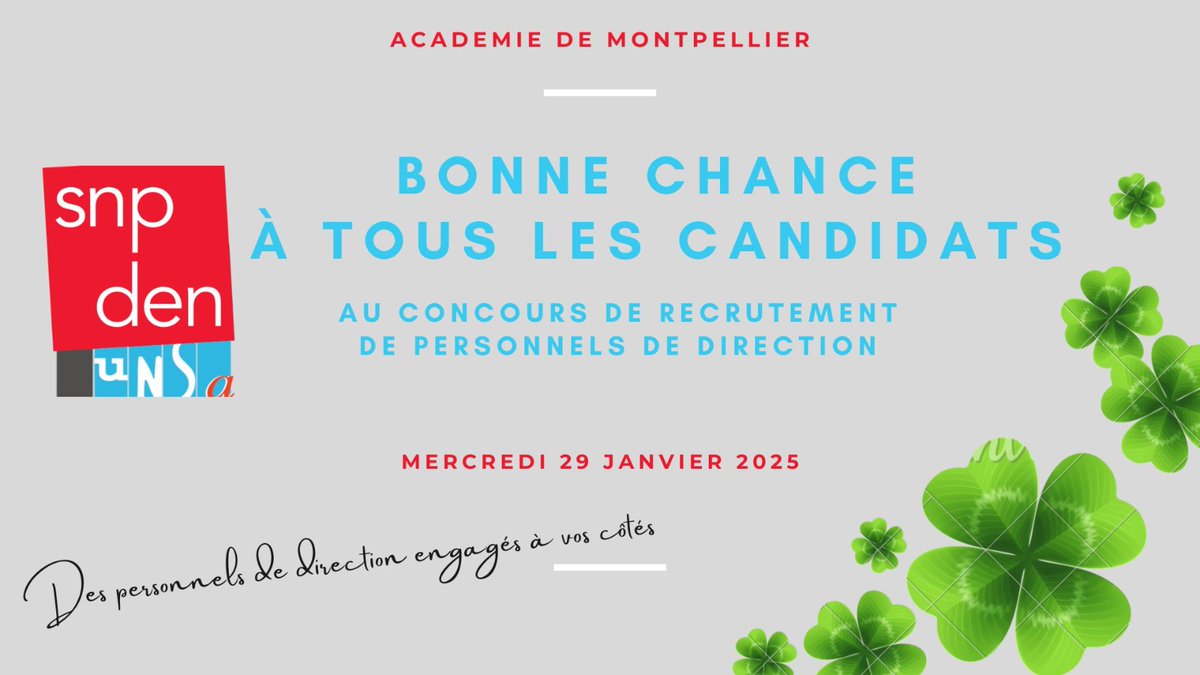 Le <a href="/SnpdenMTP/">SNPDEN Montpellier</a>  <a href="/mar_florent/">Florent Martin</a> souhaite bonne chance à toutes les candidates et tous les candidats au #concoursperdir #perdir2025
<a href="/BrunoBobkiewicz/">BOBKIEWICZ</a> <a href="/acmontpellier/">Académie Montpellier</a>