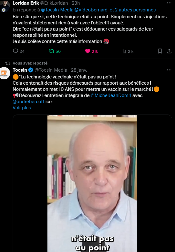 Arreter_Fischer's tweet photo. Suite à ce tweet publié par Tocsin (*), je me suis permis le commentaire suivant: 

Parmi les traîtres qui ont infiltré la résistance, Jean-Dominique Michel est, de mon point de vue, l'un des pires. 

Comme son demi-frère Christian #Perronne (1), Michel parle d'erreurs, là où nous savons que tout était parfaitement planifié.  

"L'homme sans tabous qui bloque plus vite que son ombre" parle d'un "manque de mise au point", alors que Donald Trump, avec ses complices du Pentagone et du clan Clinton, a déroulé le tapis rouge pour que puisse être dégainée une arme de destruction massive dont ces criminels connaissaient parfaitement l'efficacité en termes de potentiel destructif !  

Impeccablement déguisé en résistant, Jean-Dominique Michel (2):  

- refuse de parler des principaux organisateurs de l'arnaque des tests PCR, au nivea mondial: les industriels #Mérieux (3),  

- soutient Donald "Warp Speed" #Trump en alimentant la croyance en l'existence d'une adversité entre les pédocriminels démocrates et sa clique de ploutocrates transhumanistes (4).  

- soutient le préfacier de son "Autopsie d'un désastre", Didier #Raoult; et ça, tout en sachant parfaitement que cet individu est un expert en conflits d'intérêts cachés au public durant la pseudo-pandémie (avec Eurofins Biomnis et Fondation Mérieux).  Michel le soutient en sachant aussi que le "médecin" marseillais a, en 2021, appelé, entre autres, des dizaines de milliers de jeunes femmes à se faire injecter un poison expérimental génique (5); un poison dont le scientifique savait qu'il ne marchait pas (dixit Raoult himself), qu'il contenait de l'ADN potentiellement cancérigène (selon ses mots aussi) et qu'il était plus dangereux que le virus lui-même pour ces jeunes femmes (selon un rapport qu'il a envoyé avec son complice Pierre-Édouard Fournier, au Lancet, le 28 mai 2021 (6)).  

1.
Le docteur Christian Perronne et les obligations vaccinales sur bébés

https://t.co/9zp1megn1Y

https://t.co/BvWzjctMHR

2. 
https://t.co/RSxBLBLa2k

3. 
https://t.co/oHHSe9Ugin

4. Larry Ellison et Trump 
https://t.co/f2FWu8t1i1

5.
https://t.co/FwFgZWg4L5

https://t.co/Rs1xKfjsio

6.
https://t.co/nReBuRfPDB

*
https://t.co/3dgEHQws0N
  
@MichelJeanDomi1
@LucieLaurier
@henrioncaude
@Marc_Doyer
@myriampalomba
@raoult_didier
@verity_france
@chris_perronne
@xazalbert
@BonsensOrg
@louisfouch3
@Kairos_Presse
@idrissaberkane
@andrebercoff
@Tocsin_Media
@silvano_trotta
@amine_umlil
@decoder_l
@Un_EtreHumain
@ErikLoridan
@Art50Mercier
@BlackBondPtv
@AgretDenis
