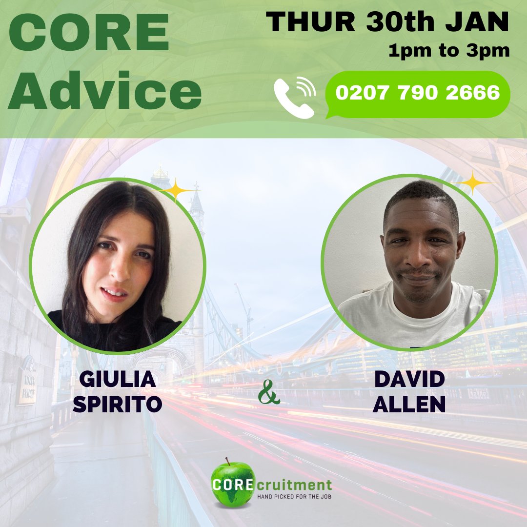 Our next CORE-Advice session will take place 𝘁𝗼𝗺𝗼𝗿𝗿𝗼𝘄 from 𝟭𝗽𝗺 𝘁𝗼 𝟯𝗽𝗺 with the wonderful Giulia and David. 
TEL: 𝟎𝟐𝟎𝟕 𝟕𝟗𝟎 𝟐𝟔𝟔𝟔