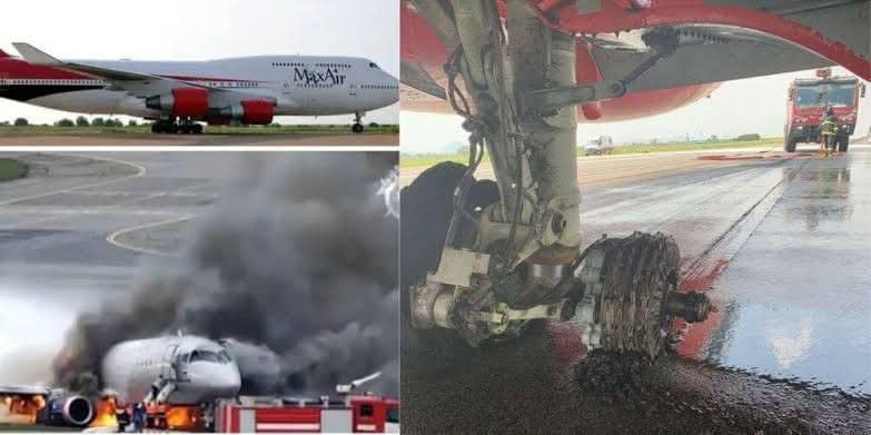 dhram00's tweet photo. Max Air 737-400 nose gear collapses after landing at Kano Mallam Aminu International Airport, Nigeria.
On January 28, a Max Air Boeing 737-400 (5N-MBD) flight #VM1605 from Lagos, Nigeria, to Kano, Nigeria, collapsed its front landing gear while landing at Kano Mallam Aminu International Airport. There were 53 passengers and 6 crew members aboard, who disembarked safely via stairs.
According to reports, the front tire burst and caught fire upon landing.
The plane, carrying 53 passengers and six crew members, was arriving from Lagos when the incident occurred at approximately 10:45 PM on Tuesday.