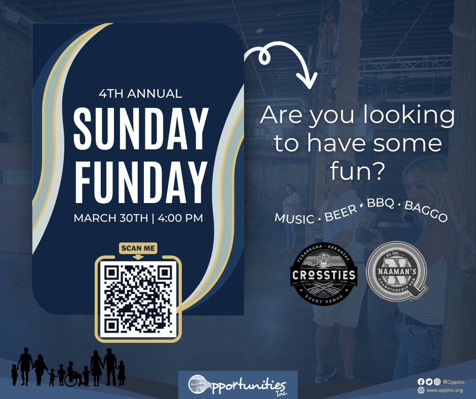Looking for a fun Sunday afternoon?   

The 4th Annual Sunday Funday is on March 30th at 4:00 PM at Crossties.   

Scan the QR code to sign up! 👇 

💻  Learn more here: rfr.bz/tef9a7a 

#OpportunitiesInc #OppInc #MakingADifference #4thAnnualSundayFundayEvent