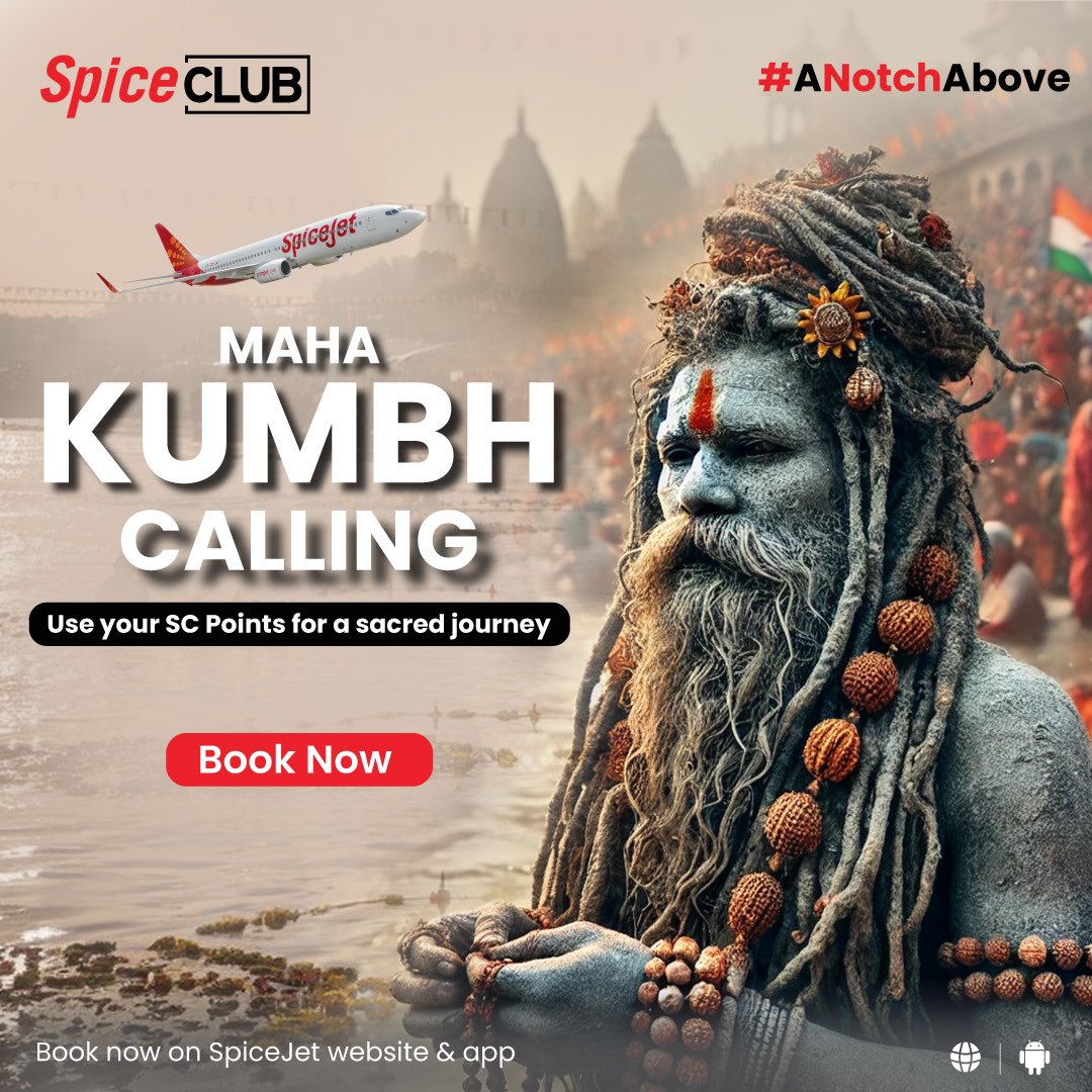 SpiceClubSG's tweet photo. Maha Kumbh is calling you! 🙏✨ Use your SC Points to embark on a sacred journey. Book your tickets on the SpiceJet website &amp; app. 
#SpiceClub #MahaKumbh #SacredJourney #TravelWithPoints #SpiceJet https://t.co/I9z4sOY6Cs