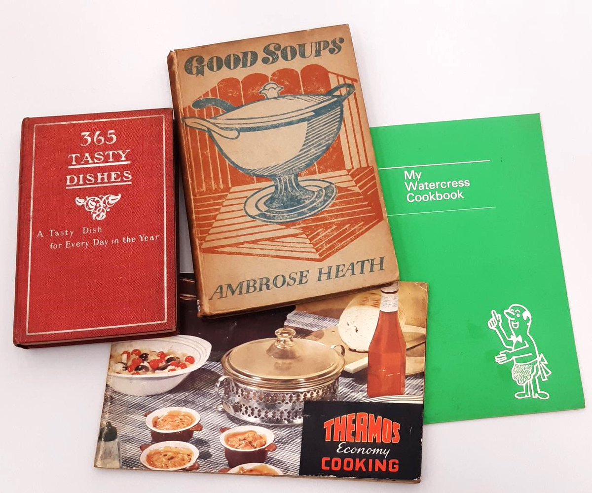 GuildhallLib's tweet image. It’s definitely soup weather🥣A small collection from our food &amp;amp; drink history collection offers some hearty recipes &amp;amp; great design too.  
Watercress Cookbook, 1977 (ED PAM 126) Good Soups, 1945 (AS 601) Thermos Economy Cooking, 1955 (ED PAM 129 365 Tasty Dishes, 1906 (ED 343)