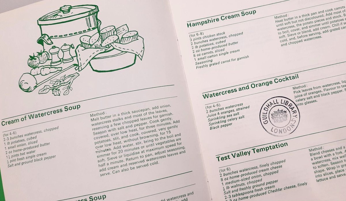 GuildhallLib's tweet image. It’s definitely soup weather🥣A small collection from our food &amp;amp; drink history collection offers some hearty recipes &amp;amp; great design too.  
Watercress Cookbook, 1977 (ED PAM 126) Good Soups, 1945 (AS 601) Thermos Economy Cooking, 1955 (ED PAM 129 365 Tasty Dishes, 1906 (ED 343)