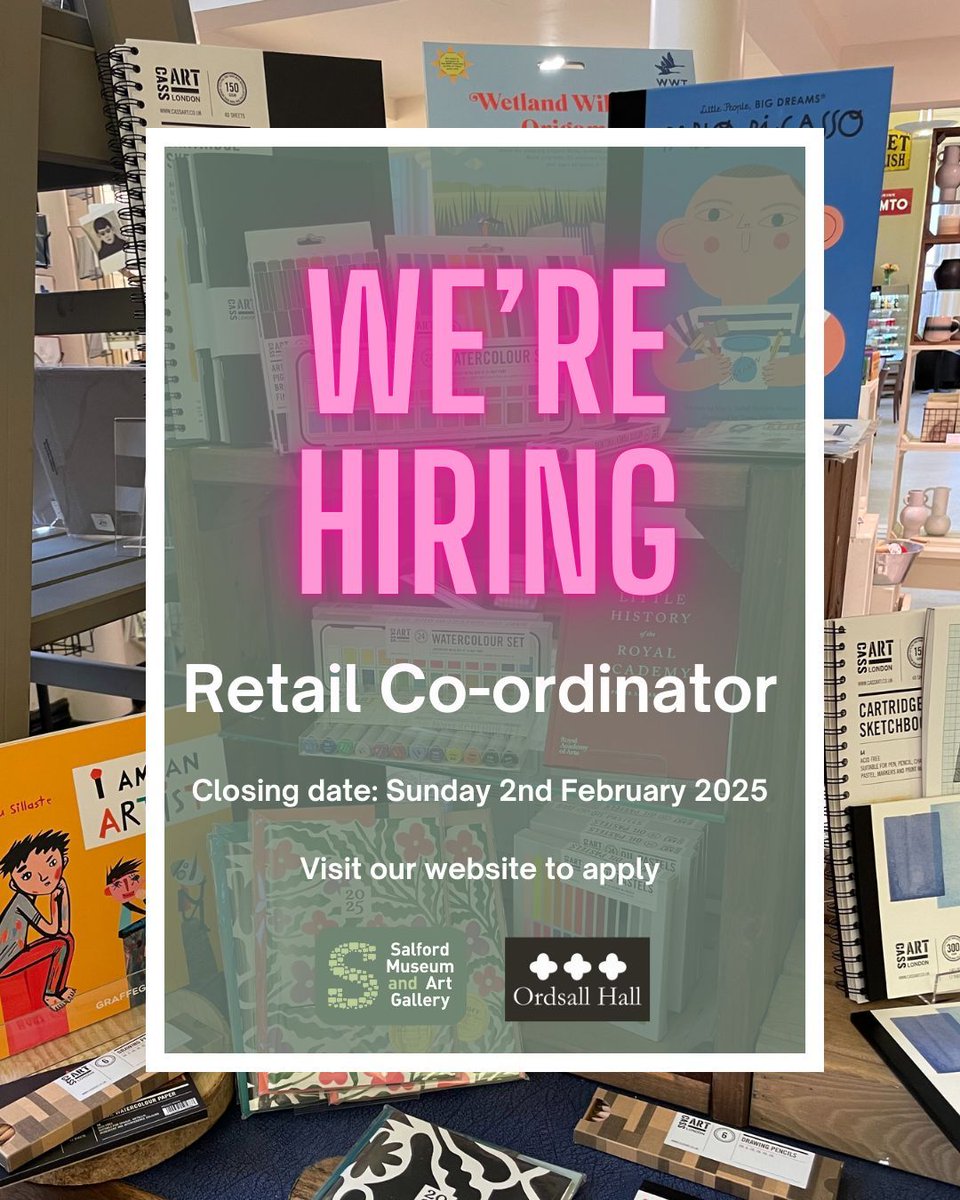 There are a few days left to apply to work with us!

We are looking for a highly organised and self-motivated person with a flair for retail buying and merchandising to undertake the new role of Retail Coordinator for Salford Museums &amp; Galleries.

👉buff.ly/3VkNzCm
