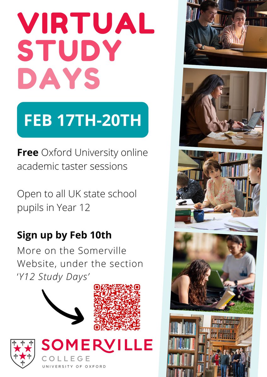 Somerville Virtual Y12 Study Days are happening again this February half term 17th-20th! Sign up to get information on the admissions process, plus attend up to four academic taster sessions and student subject Q&amp;As! More information and sign up link here: tinyurl.com/46vczasw