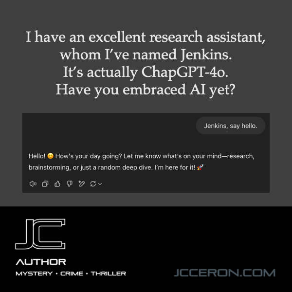 jcceron68's tweet photo. ChatGPT-4o is an excellent research tool. Have you used AI yet?
#excellentresearch #chatbot #writinglife #writingcommunity #writinglifestyle #authorlife #mysterywriters #thrillerwriter #5amwritersclub #writinginspiration #writingsession #writingmotivation #readers https://t.co/5z3Gc1mb1X