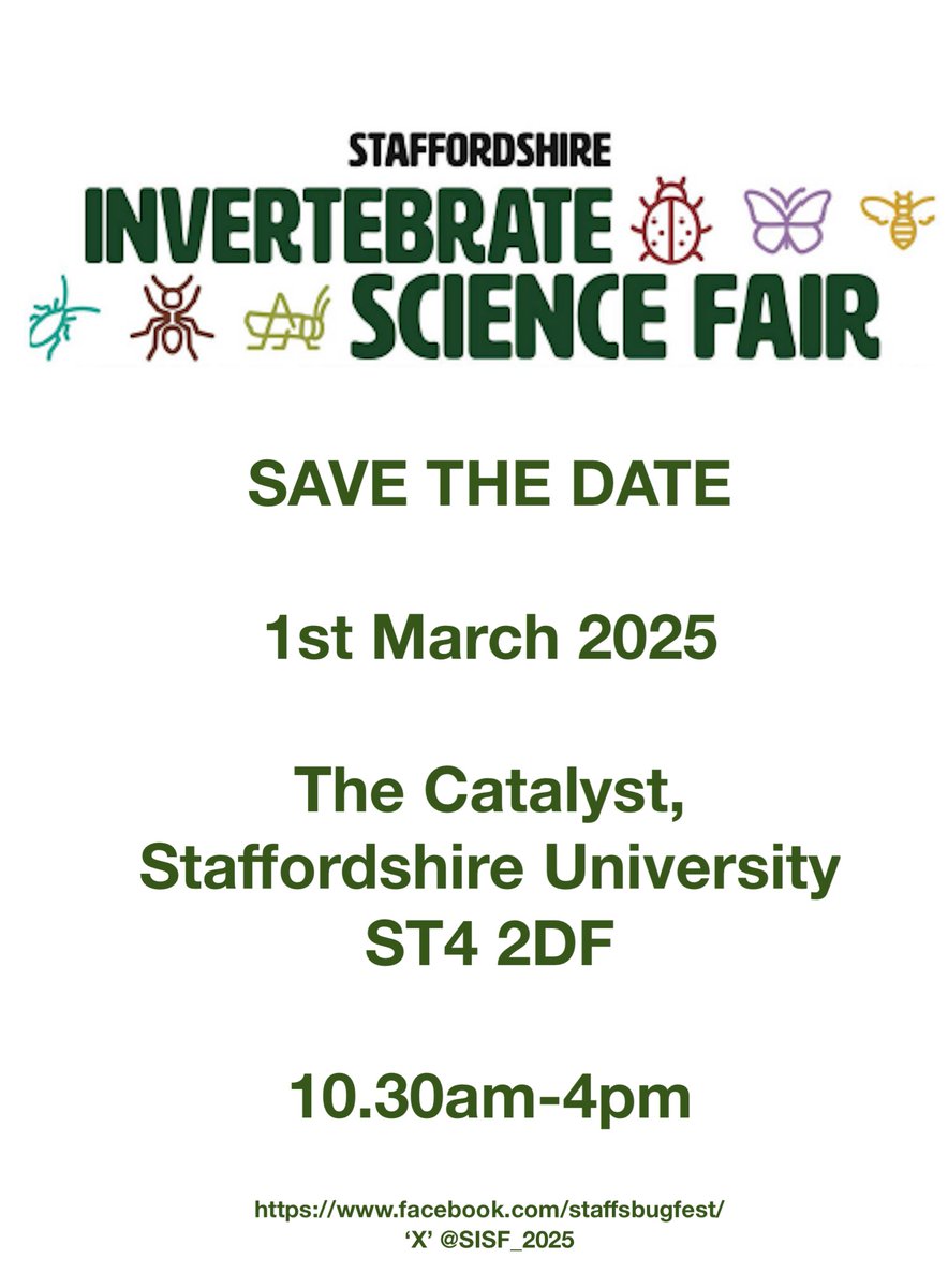 StaffsInvertScience (@sisf_2025) on Twitter photo You can find more about the Staffordshire Invertebrate Science Fair on our page. It is a free invertebrate conservation event hosted at Staffordshire University and run by <a href="/StaffsInverts/">StaffsInvertGroup</a> . It is on Saturday March 1st. Perfect for all ages and levels of interest. You can find more about the Staffordshire Invertebrate Science Fair on our page. It is a free invertebrate conservation event hosted at Staffordshire University and run by <a href="/StaffsInverts/">StaffsInvertGroup</a> . It is on Saturday March 1st. Perfect for all ages and levels of interest.