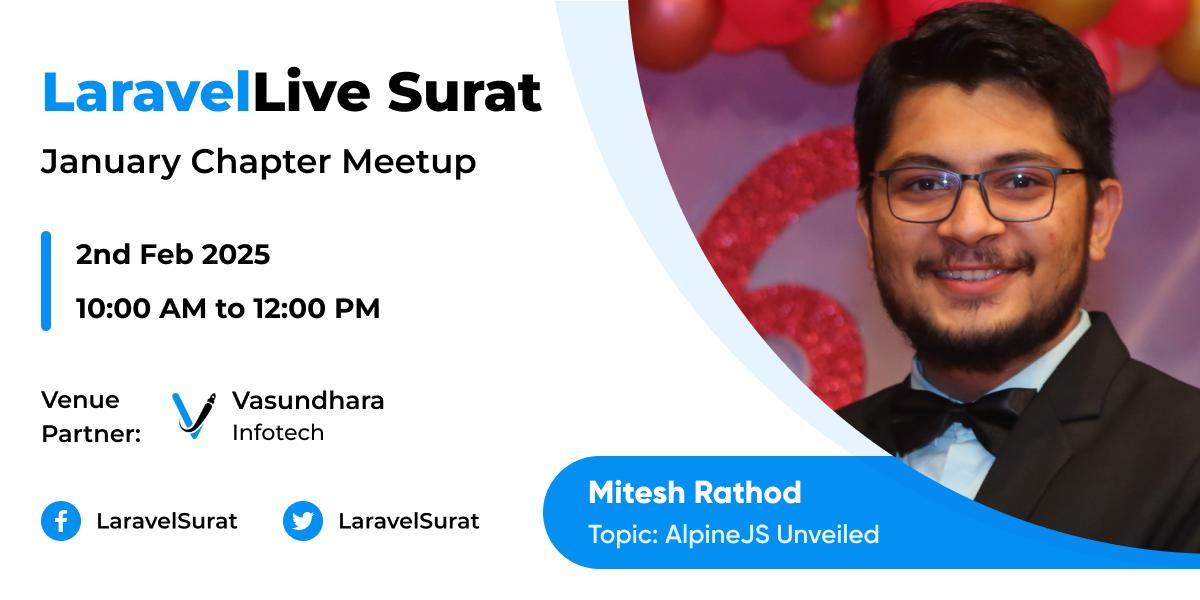 LaravelSurat's tweet image. Hey Artisans! 🙌
📢 Announcing Speaker for #LaravelLiveSurat Jan-25 Chapter.
🎙@Rmitesh32 will be diving into "AlpineJS Unveiled".
📍 Venue: @VasundharaVisi3
📅 Date: 2nd Feb
🎟️ Book tickets now: bit.ly/LSC-Jan-25
@LaraconIN @laravelphp
#LaravelSurat #LaraconIN #Laravel