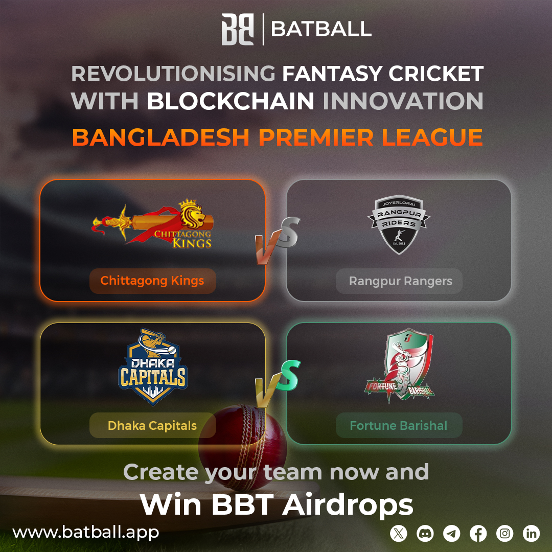 batball_app's tweet photo. ✨ Win Up to 30 BBT #Airdrops per match by joining today’s Mini Contests!

🔥 Today’s Matches:
BPL:
1️⃣ Chittagong Kings🆚 Rangpur Rangers
2️⃣ Dhaka Capital 🆚 Fortune Barishal

💡 Claim #15BBT Airdrops by joining us on social media! Grow your BBT to participate in these exciting contests.

🛡️ Create Your Team Now: https://t.co/Hspt7HdQzI

🎯 Don’t wait—turn your cricket knowledge into rewards. Play now! 💪✨

#FantasyCricket #bplt20 #bpl2025