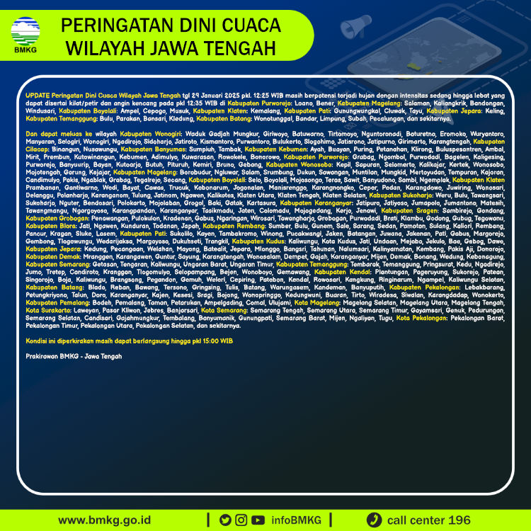 infoBMKG's tweet photo. Update Peringatan Dini Cuaca Wilayah - Jawa Tengah Tgl. 29 Januari 2025 pkl. 12:35 WIB
Prakirawan - BMKG - Jawa Tengah
https://t.co/HK102BLCAY https://t.co/zO35CNYr4Q