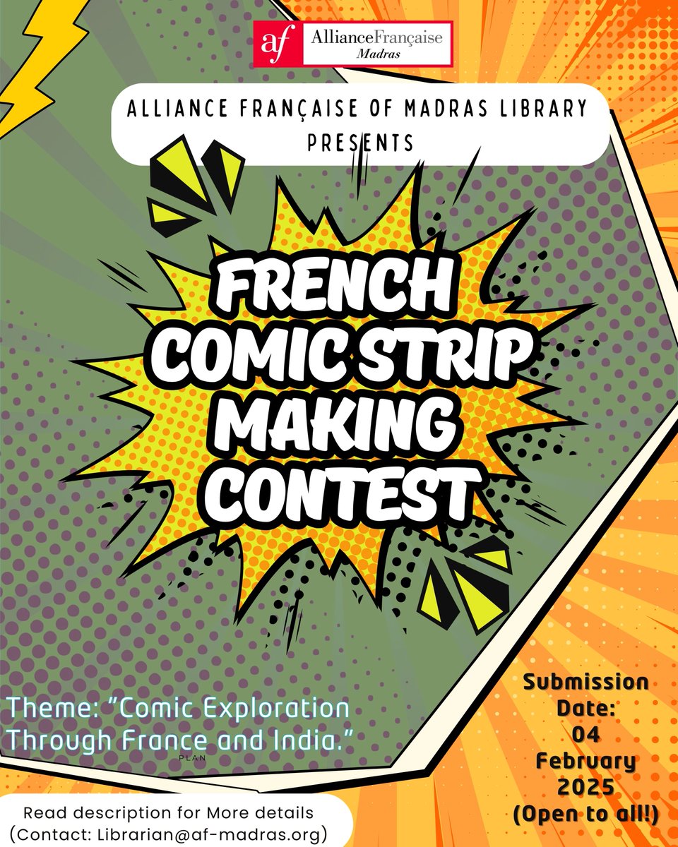 Comic strip contest!
Deadline to submit: 4 February, 2025.
Open to all students and non-students.
Click here to know more: docs.google.com/document/d/1St…
#afmadras #librarycontest #opentoall