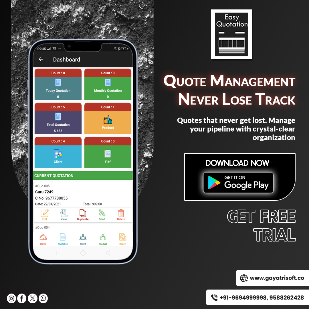 gayatrisoftware's tweet photo. Never lose track of a potential deal again. Easy Quotation App streamlines your sales process. #easyquotationapp #quotesmadeeasy #quotationmanagementapp #SalesEmpowerment #BusinessSolutions #businessgrowth #BusinessEfficiency #SimplifyYourBusiness #QuotationMadeSimple https://t.co/qPlskbp4GU