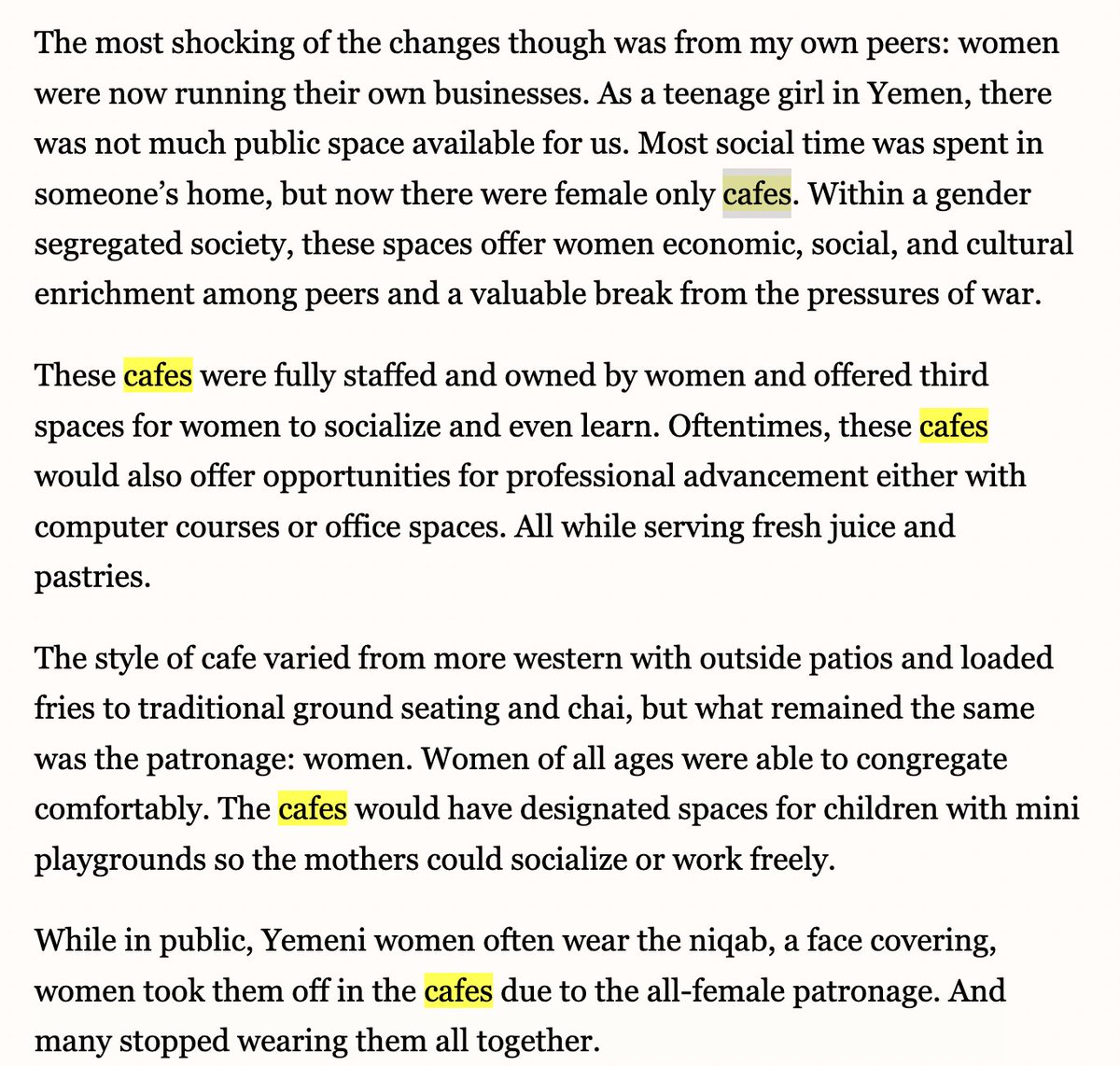 YemeniFatima's tweet photo. 2/ INCREDIBLE. The author name-drops cafés over and over—but not a word on the Houthi-run virtue police /Zainabyat or the fear women live under. Women in Sana’a don’t have freedoms. They don’t. This kind of ivory-tower nonsense is infuriating. https://t.co/0ycfoazIUV