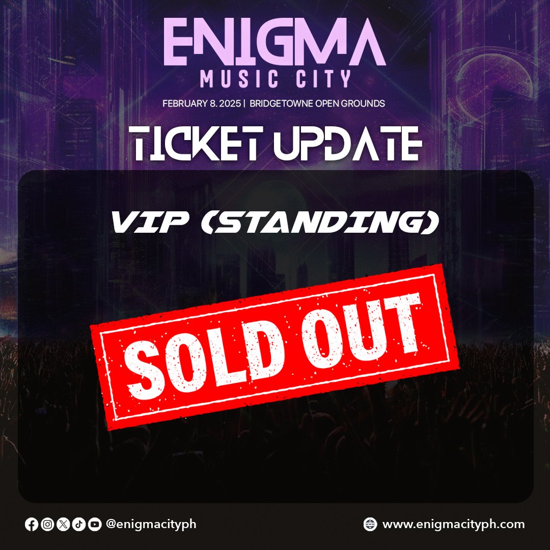 enigmacityph's tweet photo. TICKET UPDATE:

VIP Standing - SOLD OUT

Few VIP (Seated), Platinum, and Gold tickets remaining. https://t.co/buUwWTdCtO