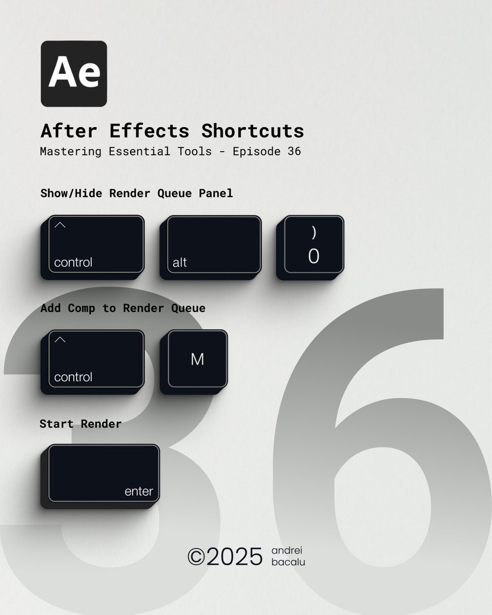 3 Shortcuts every motion designer needs for rendering. Once you use them, you’ll never go back.
Repost &amp; Help a fellow creative learner ♻️ Thank you!

#aftereffects #aeshortcuts #aetips #learningae #aeworkflow #motiondesign #motiongraphics