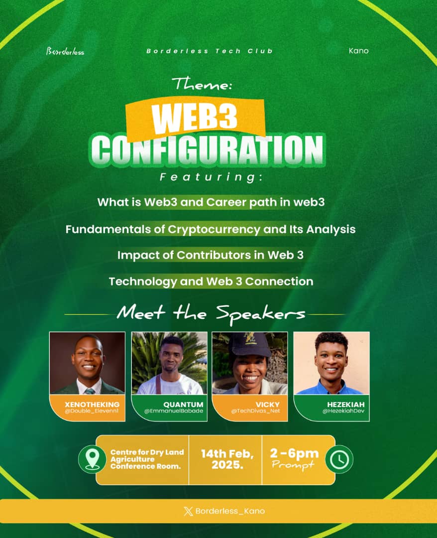 EmmybabsDeVav's tweet image. GM GM everyone on 14th February 2025.

I will be in BUK. We be pushing the web3 narrative. Pls make it a date with me.

All details are on the filers.
#borderlesskano #web3 #blockchain #tech
@MrUgodev